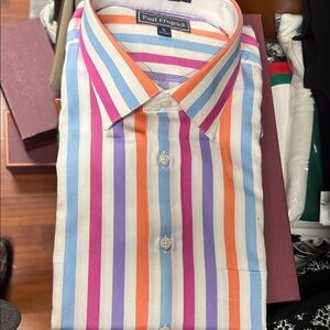 Paul Fredrick Men's Striped Shirt in Blue, Pink, and Orange